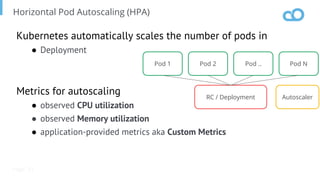 Page
Horizontal Pod Autoscaling (HPA)
57
Kubernetes automatically scales the number of pods in
● Deployment
Metrics for autoscaling
● observed CPU utilization
● observed Memory utilization
● application-provided metrics aka Custom Metrics
Pod 1 Pod 2 Pod .. Pod N
RC / Deployment Autoscaler
 