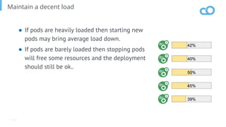 Page
Maintain a decent load
● If pods are heavily loaded then starting new
pods may bring average load down.
● If pods are barely loaded then stopping pods
will free some resources and the deployment
should still be ok..
 