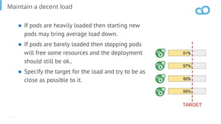 Page
Maintain a decent load
● If pods are heavily loaded then starting new
pods may bring average load down.
● If pods are barely loaded then stopping pods
will free some resources and the deployment
should still be ok..
● Specify the target for the load and try to be as
close as possible to it.
 