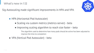 Page
Sig-Autoscaling made significant improvements in HPA and VPA
● HPA (Horizontal Pod Autoscaler)
● Scaling via custom metrics (metrics-server) - beta
● Improving scaling algorithm to reach size faster - beta
The algorithm used to determine how many pods should be active has been adjusted to
improve the time-to-completion
● VPA (Vertical Pod Autoscaler) - beta
What’s new in 1.12
 