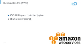 Page
Kubernetes 1.13 (AWS)
● AWS ALB ingress controller (alpha)
● EBS CSI driver (alpha)
 