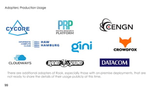 Adopters: Production Usage
99
There are additional adopters of Rook, especially those with on-premise deployments, that are
not ready to share the details of their usage publicly at this time.
 