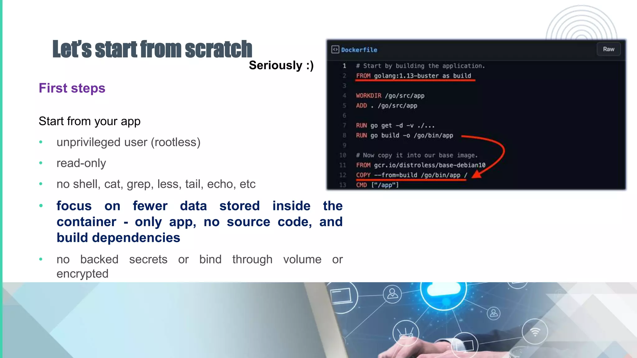 Let’s start from scratch
First steps
Start from your app
• unprivileged user (rootless)
• read-only
• no shell, cat, grep, less, tail, echo, etc
• focus on fewer data stored inside the
container - only app, no source code, and
build dependencies
• no backed secrets or bind through volume or
encrypted
Seriously :)
 