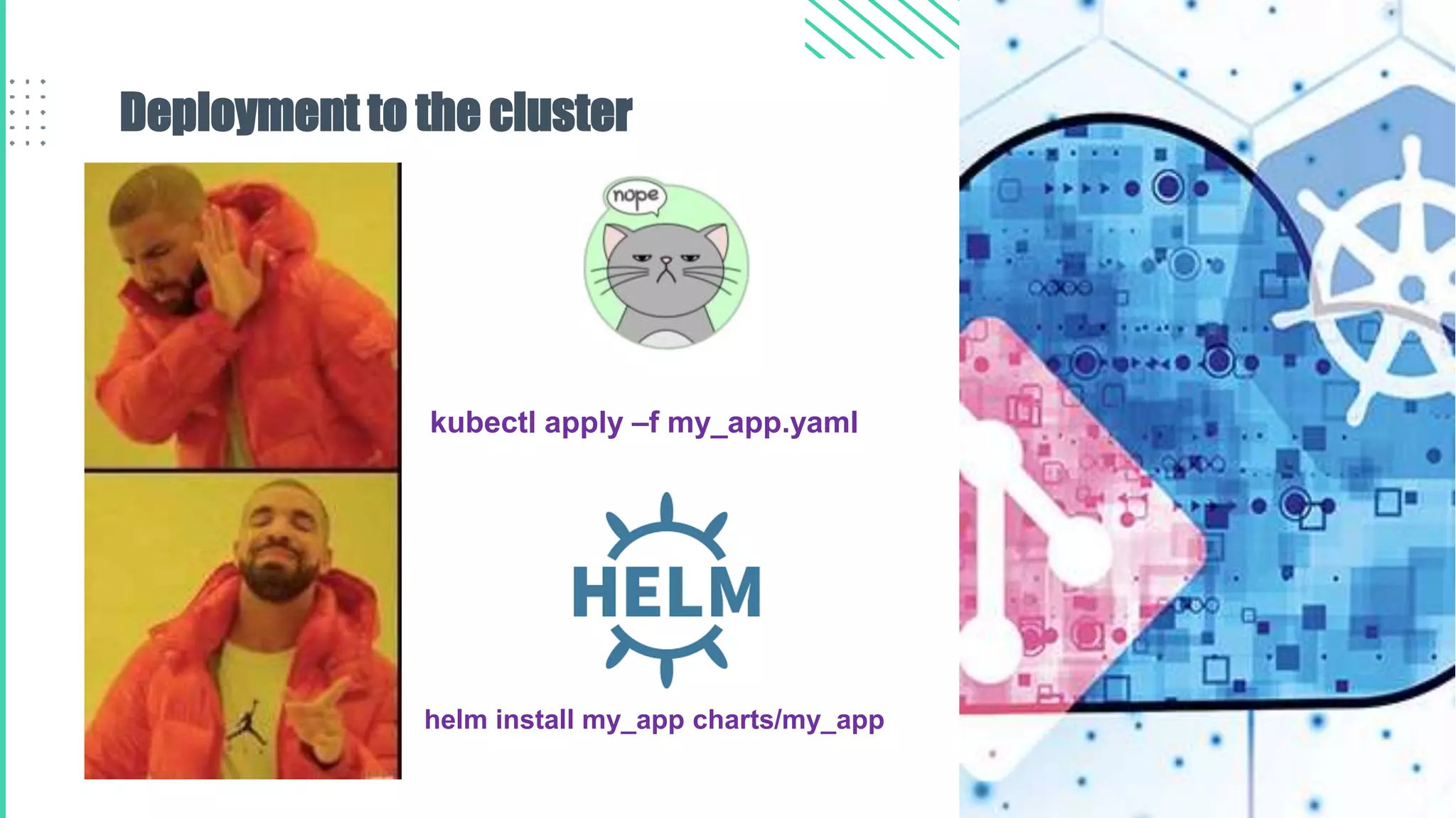 Deployment to the cluster
kubectl apply –f my_app.yaml
helm install my_app charts/my_app
 