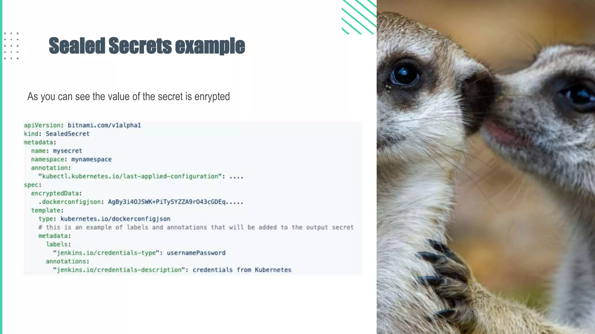 Sealed Secrets example
As you can see the value of the secret is enrypted
 
