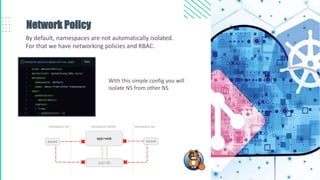 Network Policy
By default, namespaces are not automatically isolated.
For that we have networking policies and RBAC.
With this simple config you will
isolate NS from other NS
 