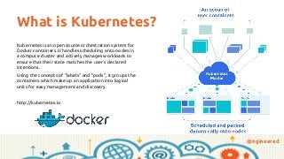 @ngineered
What is Kubernetes?
Kubernetes is an open source orchestration system for
Docker containers. It handles schedul...