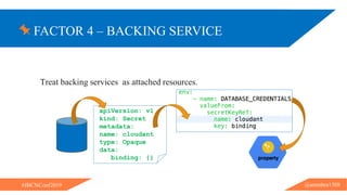 FACTOR 4 – BACKING SERVICE
@ammbra1508#JBCNConf2019
Treat backing services as attached resources.
apiVersion: v1
kind: Secret
metadata:
name: cloudant
type: Opaque
data:
binding: {}
 