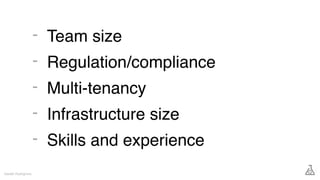 Team size
Regulation/compliance
Multi-tenancy
Infrastructure size
Skills and experience
Gareth Rushgrove
-
-
-
-
-
 