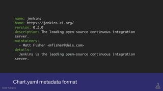 name: jenkins
home: https://jenkins-ci.org/
version: 0.2.0
description: The leading open-source continuous integration
server.
maintainers:
- Matt Fisher <mfisher@deis.com>
details:
Jenkins is the leading open-source continuous integration
server.
Chart.yaml metadata format
Gareth Rushgrove
 