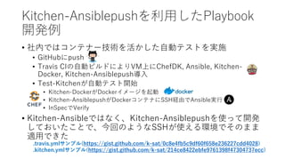 Kitchen-AnsiblepushäPlaybook
_k
? ڤǤϥƥʩ`gԄӥƥȤgʩ
? GitHubpush
? Travis CIԄӥӥɤˤVMϤChefDK, Ansible, Kitchen-
Docker, Kitchen-Ansiblepush
? Test-KitchenԄӥƥ_ʼ
? Kitchen-DockerDocker`
? Kitchen-AnsiblepushDockerƥʤSSHUɤAnsibleg
? InSpecVerify
? Kitchen-AnsibleǤϤʤKitchen-Ansiblepushʹä_k
ƤȤǡؤΤ褦SSHʹhǤΤޤ
mäǤ
.travis.ymlץ(https://gist.github.com/k-sat/0c8e4fb5c9df60f658e236227cdd4028)
.kitchen.ymlץ(https://gist.github.com/k-sat/214ce8422ebfe9761398f47304737ecc)
 