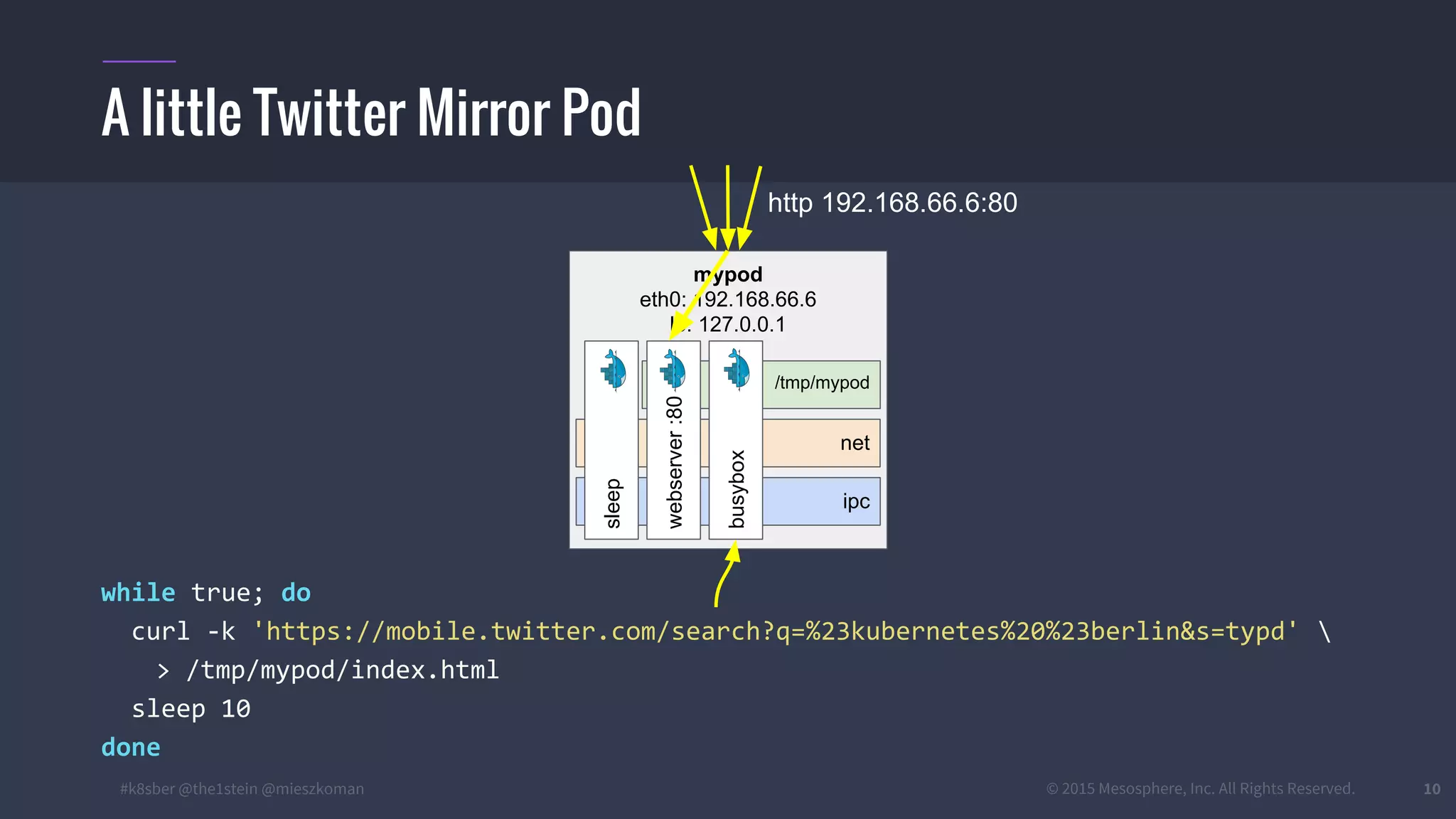 #k8sber @the1stein @mieszkoman © 2015 Mesosphere, Inc. All Rights Reserved. 10
while true; do
curl -k 'https://mobile.twitter.com/search?q=%23kubernetes%20%23berlin&s=typd' 
> /tmp/mypod/index.html
sleep 10
done
A little Twitter Mirror Pod
mypod
eth0: 192.168.66.6
lo: 127.0.0.1
ipc
net
/tmp/mypod
webserver:80
busybox
sleep
http 192.168.66.6:80
 