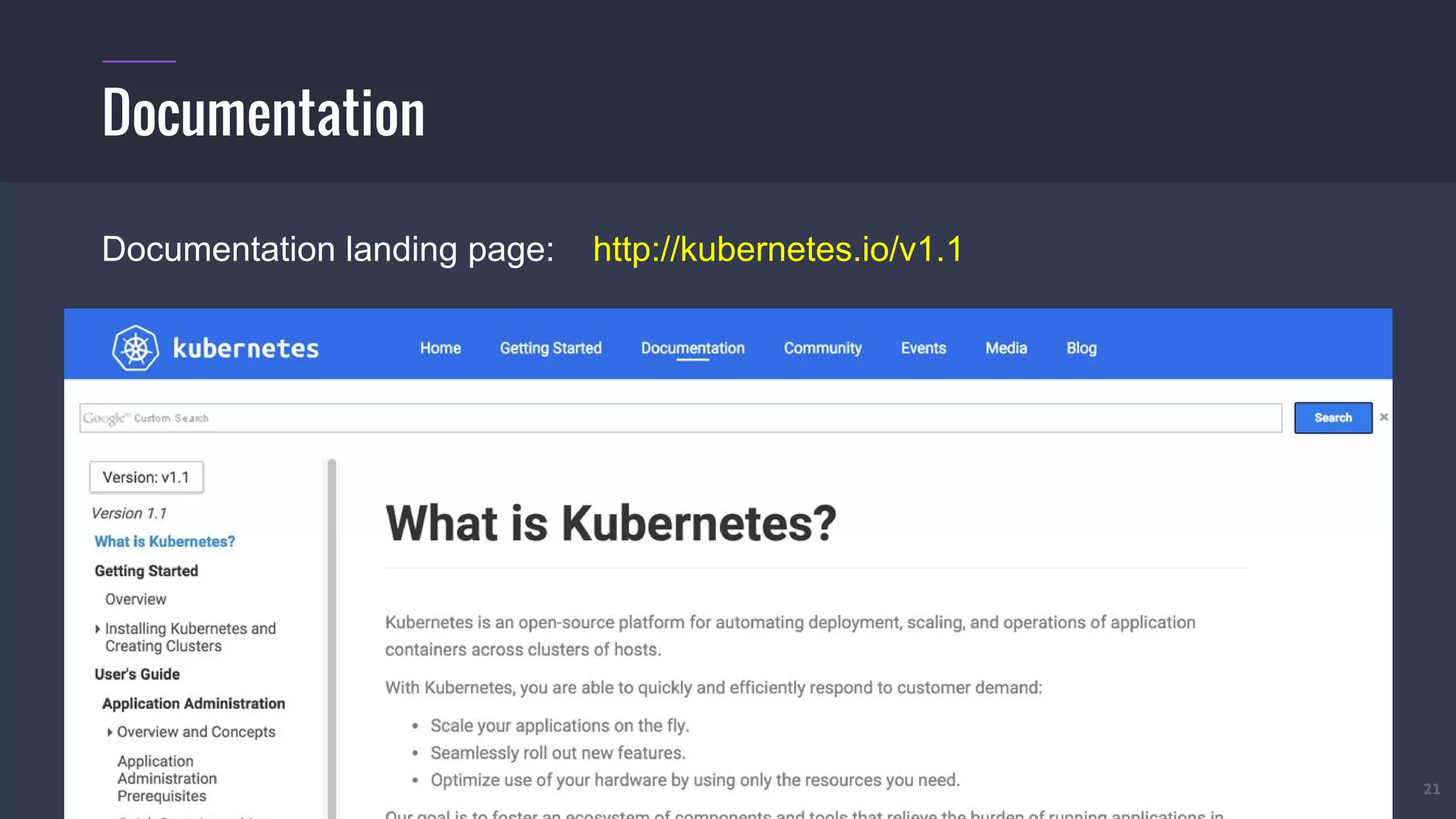 #k8sber @the1stein @mieszkoman © 2015 Mesosphere, Inc. All Rights Reserved. 21
Documentation
Documentation landing page: http://kubernetes.io/v1.1
 