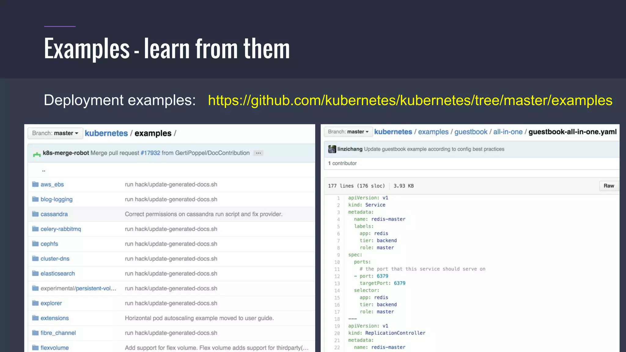 #k8sber @the1stein @mieszkoman © 2015 Mesosphere, Inc. All Rights Reserved. 23
Examples – learn from them
Deployment examples: https://github.com/kubernetes/kubernetes/tree/master/examples
 