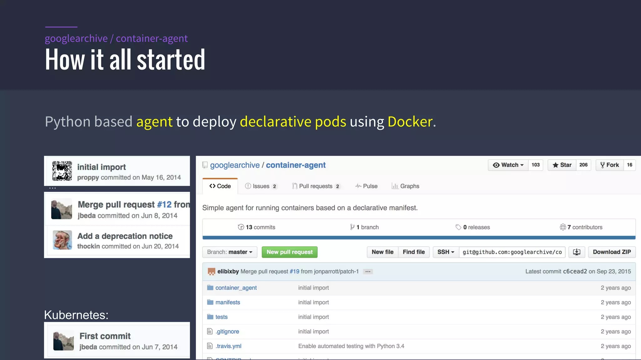 #k8sber @the1stein @mieszkoman © 2015 Mesosphere, Inc. All Rights Reserved. 5
Python based agent to deploy declarative pods using Docker.
How it all started
googlearchive / container-agent
...
Kubernetes:
 