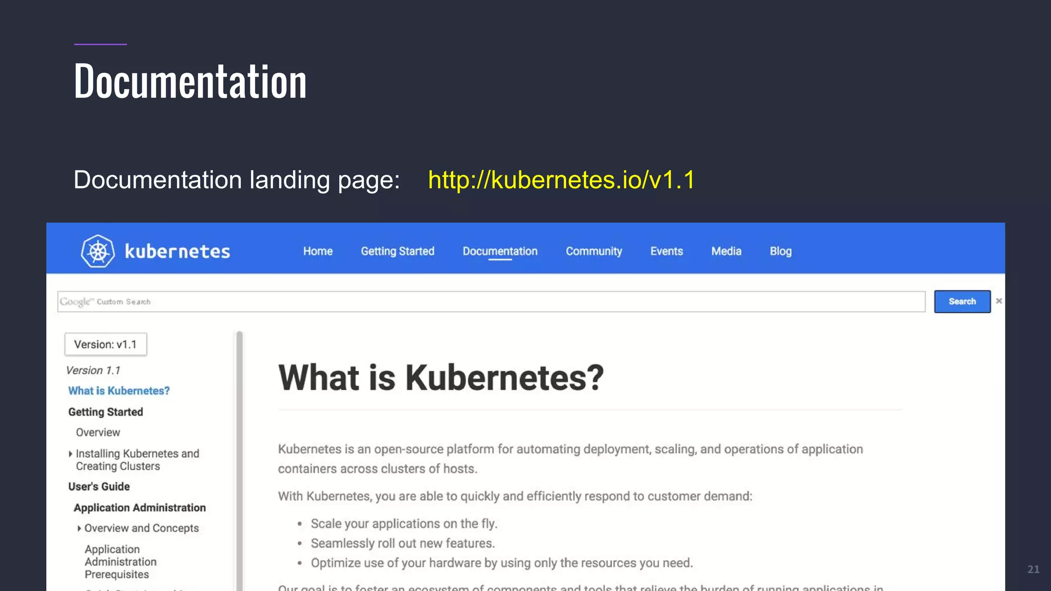 #k8sparis @the1stein © 2015 Mesosphere, Inc. All Rights Reserved. 21 Documentation Documentation landing page: http://kubernetes.io/v1.1 