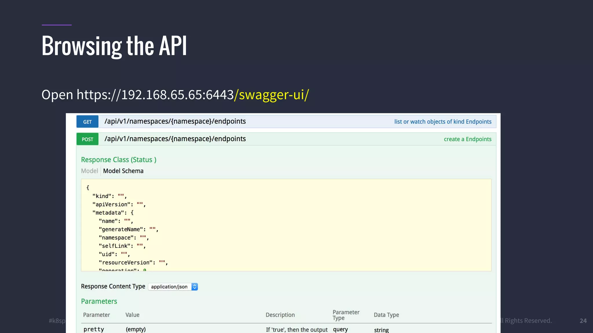 #k8sparis @the1stein © 2015 Mesosphere, Inc. All Rights Reserved. 24 Browsing the API Open https://192.168.65.65:6443/swagger-ui/ 