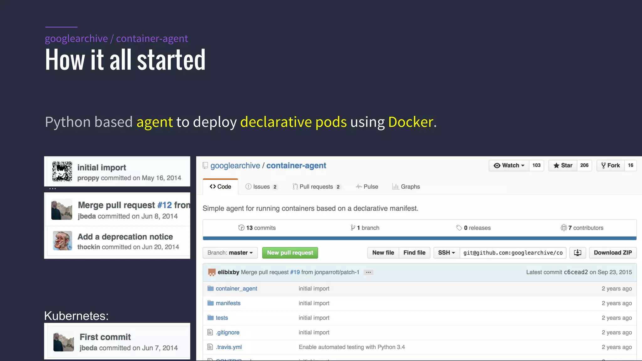 #k8sparis @the1stein © 2015 Mesosphere, Inc. All Rights Reserved. 5 Python based agent to deploy declarative pods using Docker. How it all started googlearchive / container-agent ... Kubernetes: 