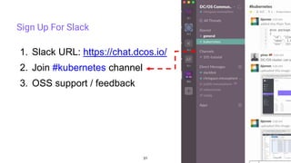 31
Sign Up For Slack
1. Slack URL: https://chat.dcos.io/
2. Join #kubernetes channel
3. OSS support / feedback
 