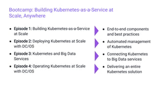 Bootcamp: Building Kubernetes-as-a-Service at
Scale, Anywhere
● Episode 1: Building Kubernetes-as-a-Service
at Scale
● Episode 2: Deploying Kubernetes at Scale
with DC/OS
● Episode 3: Kubernetes and Big Data
Services
● Episode 4: Operating Kubernetes at Scale
with DC/OS
● End-to-end components
and best practices
● Automated management
of Kubernetes
● Connecting Kubernetes
to Big Data services
● Delivering an entire
Kubernetes solution
 