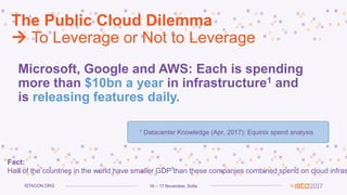 16 – 17 November, SofiaISTACON.ORG
The Public Cloud Dilemma
 To Leverage or Not to Leverage
Microsoft, Google and AWS: Each is spending
more than $10bn a year in infrastructure1 and
is releasing features daily.
1 Datacenter Knowledge (Apr, 2017): Equinix spend analysis
Fact:
Half of the countries in the world have smaller GDP than these companies combined spend on cloud infras
 