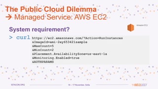 16 – 17 November, SofiaISTACON.ORG
The Public Cloud Dilemma
 Managed Service: AWS EC2
System requirement?
> curl https://ec2.amazonaws.com/?Action=RunInstances
&ImageId=ami-2ey653421sample
&MaxCount=5
&MinCount=2
&Placement.AvailabilityZone=us-east-1a
&Monitoring.Enabled=true
&AUTHPARAMS
 
