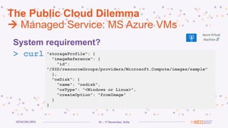 16 – 17 November, SofiaISTACON.ORG
System requirement?
> curl
The Public Cloud Dilemma
 Managed Service: MS Azure VMs
"storageProfile": {
"imageReference": {
"id":
"/SID/resourceGroups/providers/Microsoft.Compute/images/sample"
},
"osDisk": {
"name": "osdisk",
"osType": "<Windows or Linux>",
"createOption": "fromImage"
}
}
 