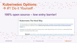 16 – 17 November, SofiaISTACON.ORG
Kubernetes Options:
 #1 Do it Yourself
100% open source – low entry barrier!
Source: github.com/kelseyhightower/kubernetes-the-hard-way
 