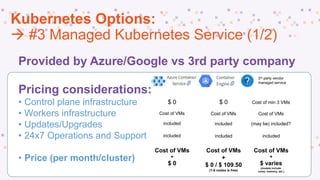16 – 17 November, SofiaISTACON.ORG
Kubernetes Options:
 #3 Managed Kubernetes Service (1/2)
Provided by Azure/Google vs 3rd party company
Pricing considerations:
• Control plane infrastructure
• Workers infrastructure
• Updates/Upgrades
• 24x7 Operations and Support
• Price (per month/cluster)
3rd party vendor
managed service
included
included
included
included
(may be) included?
included
Cost of VMs Cost of VMs Cost of VMs
Cost of min 3 VMs
Cost of VMs
+
$ 0
$ 0 $ 0
Cost of VMs
+
$ 0 / $ 109.50
(1-6 nodes is free)
Cost of VMs
+
$ varies
(models include
cores, memory, etc.)
 