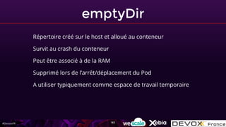 #DevoxxFR
emptyDir
Répertoire créé sur le host et alloué au conteneur
Survit au crash du conteneur
Peut être associé à de la RAM
Supprimé lors de l’arrêt/déplacement du Pod
A utiliser typiquement comme espace de travail temporaire
165
 