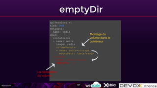 #DevoxxFR
emptyDir
apiVersion: v1
kind: Pod
metadata:
name: redis
spec:
containers:
- name: redis
image: redis
volumeMounts:
- name: redis-storage
mountPath: /data/redis
volumes:
- name: redis-storage
emptyDir: {}
La déclaration
du volume
Montage du
volume dans le
conteneur
167
 