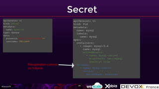 #DevoxxFR
Secret
171
apiVersion: v1
kind: Secret
metadata:
name: mysecret
type: Opaque
data:
password: MWYyZDFlMmU2N2RmCg==
username: YWRtaW4K
apiVersion: v1
kind: Pod
metadata:
name: mysql
labels:
name: mysql
spec:
containers:
- image: mysql:5.6
name: mysql
volumeMounts:
- name: mysql-secret
mountPath: /etc/mysql
reaOnly: true
volumes:
- name: mysql-secret
secret:
secretName: mysecret
Récupération comme
un Volume
 
