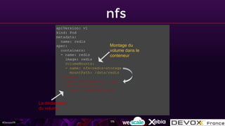 #DevoxxFR
nfs
apiVersion: v1
kind: Pod
metadata:
name: redis
spec:
containers:
- name: redis
image: redis
volumeMounts:
- name: nfs-redis-storage
mountPath: /data/redis
volumes:
- name: nfs-redis-storage
nfs: 192.168.10.3
path: /exports/redis
La déclaration
du volume
Montage du
volume dans le
conteneur
175
 