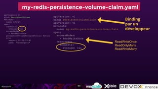 #DevoxxFR
apiVersion: v1
kind: PersistentVolumeClaim
apiVersion: v1
metadata:
name: my-redis-persistence-volume-claim
spec:
accessModes:
- ReadWriteOnce
resources:
requests:
storage: 1Gi
my-redis-persistence-volume-claim.yaml
apiVersion: v1
kind: PersistentVolume
metadata:
name: nfs-pv
spec:
capacity:
storage: 1Gi
accessModes:
- ReadWriteOnce
persistentVolumeReclaimPolicy: Retain
nfs:
server: 10.20.23.43
path: "/some/path"
Binding
par un
développeur
ReadWriteOnce
ReadOnlyMany
ReadWriteMany
183
 