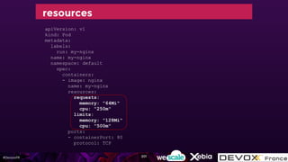 #DevoxxFR
resources
apiVersion: v1
kind: Pod
metadata:
labels:
run: my-nginx
name: my-nginx
namespace: default
spec:
containers:
- image: nginx
name: my-nginx
resources:
requests:
memory: "64Mi"
cpu: "250m"
limits:
memory: "128Mi"
cpu: "500m"
ports:
- containerPort: 80
protocol: TCP
201
 