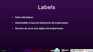 #DevoxxFR
Labels
• Pairs clé/valeur
• Attachable à tous les éléments de kubernetes
• Donner du sens aux objets de kubernetes
62
 