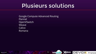 #DevoxxFR
Plusieurs solutions
79
- Google Compute Advanced Routing
- Flannel
- OpenVSwitch
- Weave
- Calico
- Romana
 