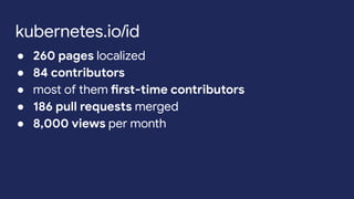 ● 260 pages localized
● 84 contributors
● most of them first-time contributors
● 186 pull requests merged
● 8,000 views per month
kubernetes.io/id
 