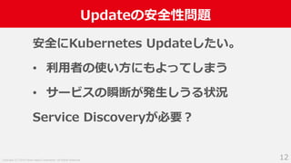 Copyright (C) 2018 Yahoo Japan Corporation. All Rights Reserved.
Updateの安全性問題
12
安全にKubernetes Updateしたい。
• 利用者の使い方にもよってしまう
• サービスの瞬断が発生しうる状況
Service Discoveryが必要？
 
