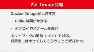Copyright (C) 2018 Yahoo Japan Corporation. All Rights Reserved.
Fat Image問題
14
Docker Imageが大きすぎ
• Pullに時間がかかる
• デプロイやスケールが遅い
ネットワークの調整（10G）で対応。
利用者には小さくしてもらうことを呼びかけ。
 