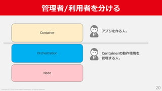Copyright (C) 2018 Yahoo Japan Corporation. All Rights Reserved.
管理者/利用者を分ける
20
Node
Orchestration
Container アプリを作る人。
Containerの動作環境を
管理する人。
 