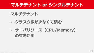 Copyright (C) 2018 Yahoo Japan Corporation. All Rights Reserved.
マルチテナント or シングルテナント
22
マルチテナント
• クラスタ数が少なくて済む
• サーバリソース（CPU/Memory）
の有効活用
 
