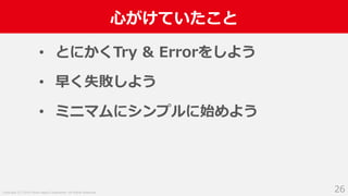 Copyright (C) 2018 Yahoo Japan Corporation. All Rights Reserved.
心がけていたこと
26
• とにかくTry & Errorをしよう
• 早く失敗しよう
• ミニマムにシンプルに始めよう
 