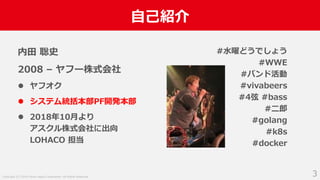 Copyright (C) 2018 Yahoo Japan Corporation. All Rights Reserved.
自己紹介
内田 聡史
2008 – ヤフー株式会社
 ヤフオク
 システム統括本部PF開発本部
 2018年10月より
アスクル株式会社に出向
LOHACO 担当
3
#水曜どうでしょう
#WWE
#バンド活動
#vivabeers
#4弦 #bass
#二郎
#golang
#k8s
#docker
 