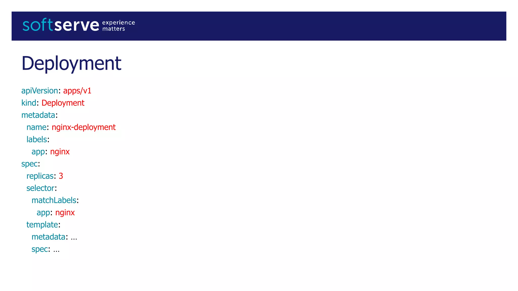 Deployment
apiVersion: apps/v1
kind: Deployment
metadata:
name: nginx-deployment
labels:
app: nginx
spec:
replicas: 3
selector:
matchLabels:
app: nginx
template:
metadata: …
spec: …
 