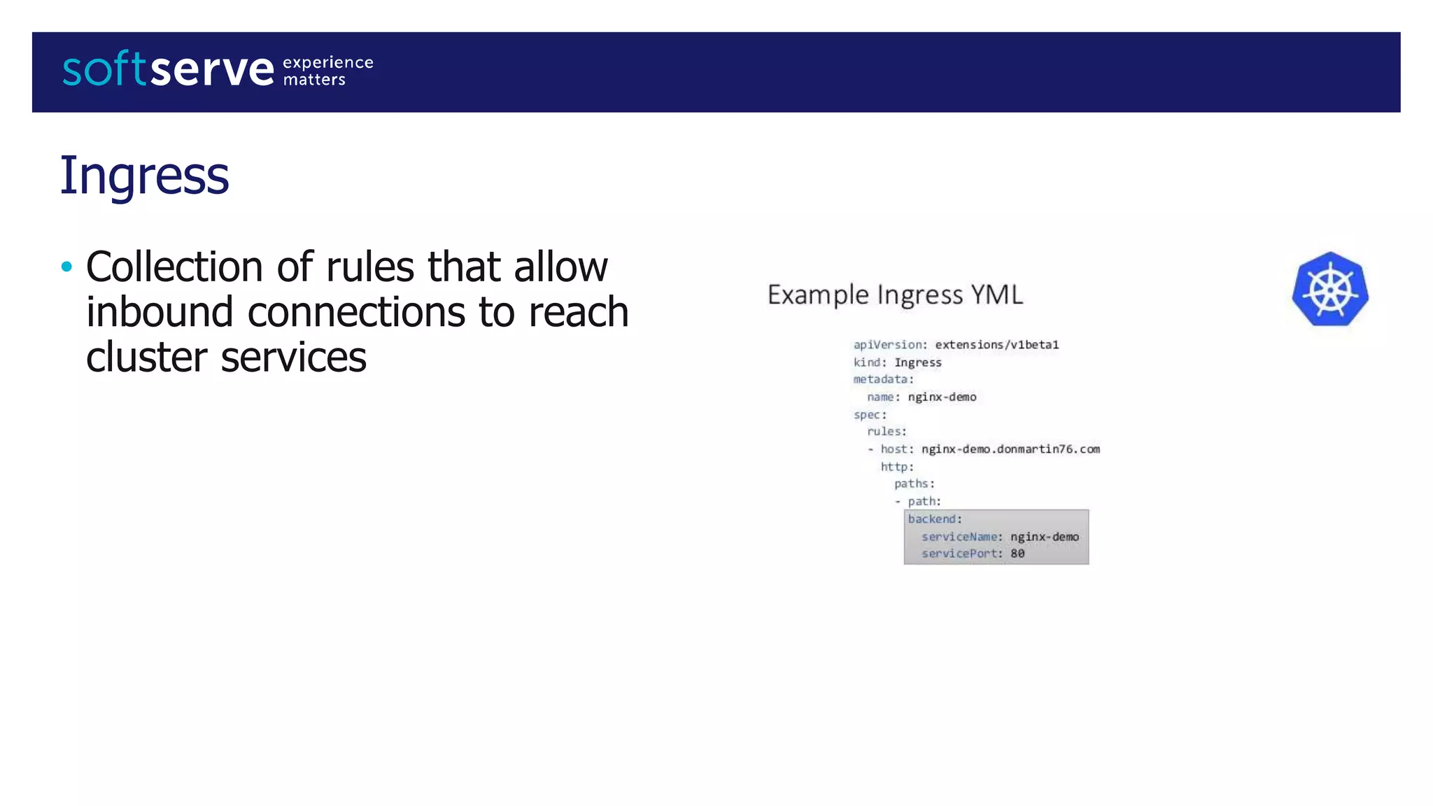 Ingress
• Collection of rules that allow
inbound connections to reach
cluster services
 