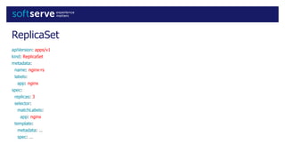 ReplicaSet
apiVersion: apps/v1
kind: ReplicaSet
metadata:
name: nginx-rs
labels:
app: nginx
spec:
replicas: 3
selector:
matchLabels:
app: nginx
template:
metadata: …
spec: …
 