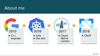 About me
@oicheryl
2010
● C++
engineer
2016
● Infra
● Dev Adv
2017
● Cloud
Native
London
2018
● CNCF
 