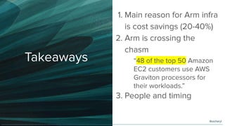 Takeaways
1. Main reason for Arm infra
is cost savings (20-40%)
2. Arm is crossing the
chasm
3. People and timing
“48 of the top 50 Amazon
EC2 customers use AWS
Graviton processors for
their workloads.”
@oicheryl
 