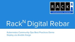 Kubernetes Community Ops Best Practices Demo
Deploy via Ansible Kargo
RackN
Digital Rebar
 